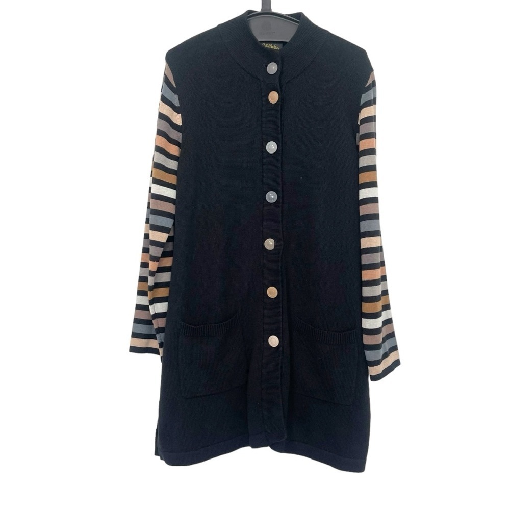 Bob Mackie Black Striped Arm Button Up Oversized Cardigan Size Large